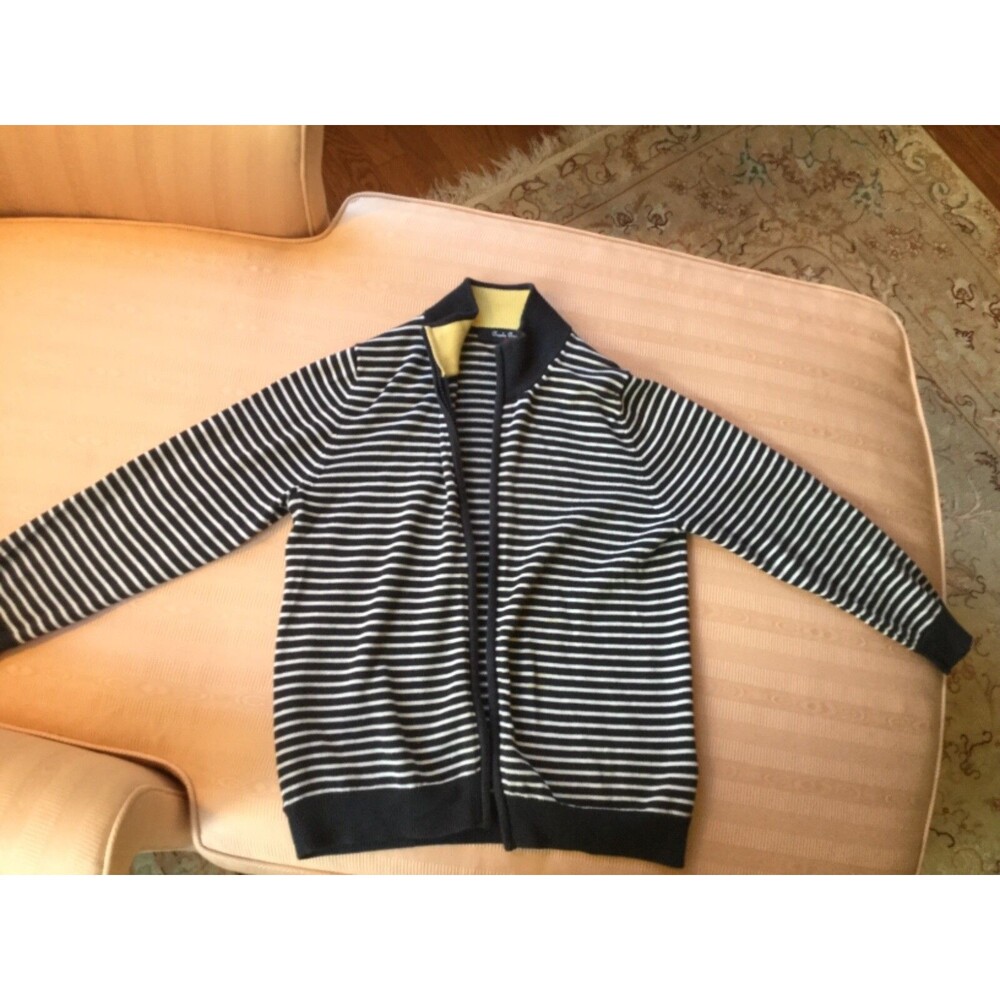 BrooksBrothers, Boys Full-Zip Knit, Small(6-8), Pull Tap missing, Navy Striped